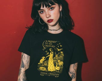 T-Shirt Vegan Life "A Friend to All Creatures" – Mystisches T-Shirt mit Tieren – Märchenhafte Animal Liberation Kuns t100% Baumwolle