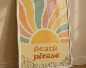 Digital väggkonst "Beach Please" – sommarkänsla i retrostil, poster, solväggkonst, digital nedladdning