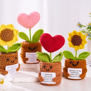 Fleurs au crochet faites main avec carte, coffret cadeau de soutien émotionnel, tournesol/coeur pour anniversaire, remise des diplômes, petite amie, mère