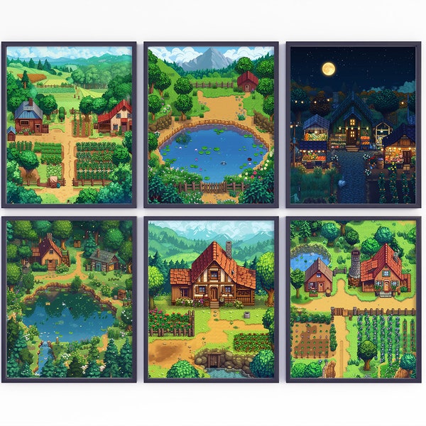 Set of 4 Stardew Valley Prints, Watercolor Video Game Posters Printable, Wall Art, Digital Print, Gaming Poster, Pixel World, Room Decor