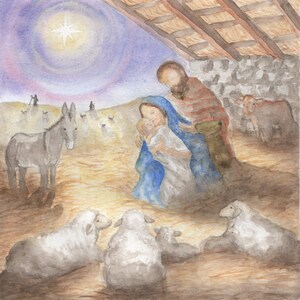 Krippen-Weihnachtskarte, Aquarellmalerei.