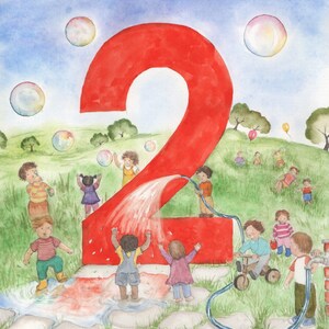 Number 2 birthday card, second birthday watercolour painting.