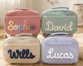 Bolsa de almuerzo de pana personalizada, bordado grueso, conjunto de mochila para niños pequeños, mochila escolar y paquete de lonchera