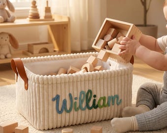 Personalized Corduroy Nursery Storage Basket – Soft Fabric Baby Organizer