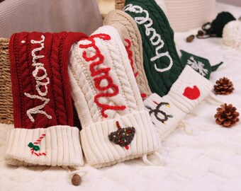 Personalized Knit Christmas Stocking: Custom Embroidered Name, Handwoven Holiday Decor