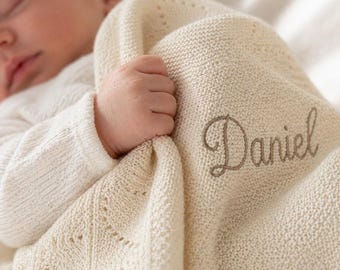 Personalized Knit Baby Blanket, Embroidered Name, Soft Cotton Newborn Gift