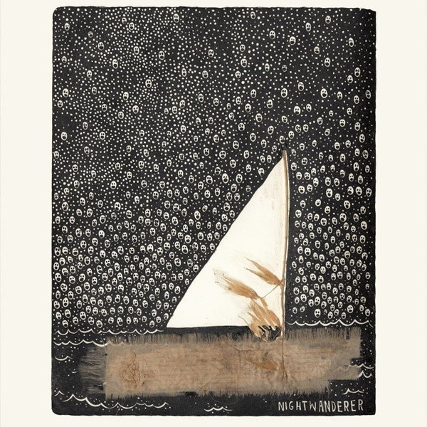 Nightwanderer Drawing, Boat at Sea, Collage Drawing, Home Decor, Wall Art Print, Giclee Print