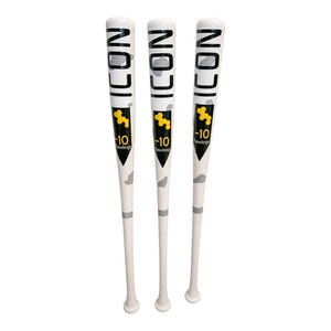 May include: Three white baseball bats with black and yellow accents. The bats have the word "ICON" in black and the number "-10" in black and yellow. The bats have a camouflage pattern and are made by Rawlings.
