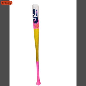 May include: A colorful baseball bat with a white top featuring blue and pink graphics. The bat transitions to a yellow body and a pink handle. The bat is designed for sports and recreation.