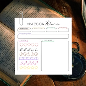 Mini Book Review Template PDF, Printable Reading Journal Page, Book Tracker, Book Review Log, For Book Lovers Book Club, Book Review Journal