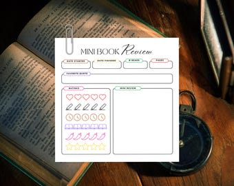 Mini Book Review Template PDF, Printable Reading Journal Page, Book Tracker, Book Review Log, For Book Lovers Book Club, Book Review Journal
