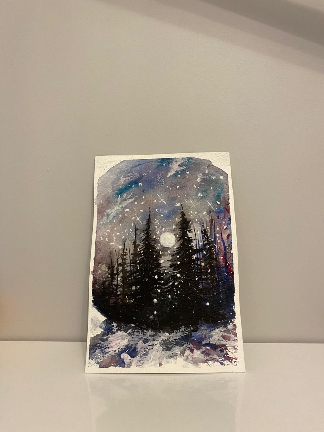 Moonlit Pine Trees Watercolor Art, Night Forest Painting - Etsy