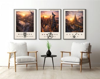 Ensemble d'affiches du trio Marvel Cities | Art mural Asgard, Wakanda, New York (Avengers Tower) | Téléchargement numérique
