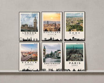 Méga lot Skyline européenne | 12 silhouettes de villes | Art mural de voyage | Téléchargement imprimable