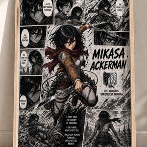May include: Framed artwork featuring Mikasa Ackerman from Attack on Titan. The black and white illustration shows Mikasa in action, wielding swords, with panels of text. The artwork includes the text "MIKASA ACKERMAN" and "THE WORLD'S STRONGEST WOMAN."