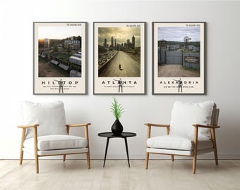 Lot d'affiches The Walking Dead | Alexandrie, colline, ruines d'Atlanta | Art mural trio de zombies apocalypse | Téléchargement numérique