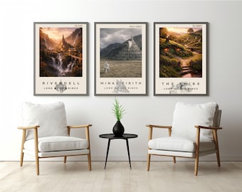 Ensemble d'affiches du trio des villes de la Terre du Milieu | Fondcombe, Minas Tirith, Comté | Art mural inspiré du LOTR | Téléchargement numérique