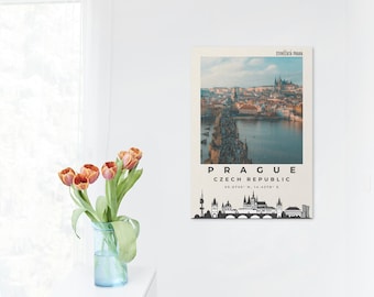Art mural imprimable sur les toits de Prague, affiche de paysage urbain tchèque moderne, téléchargement numérique