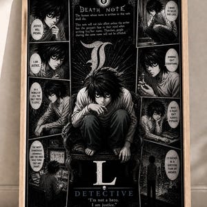 May include: A framed Death Note poster featuring the character L in various poses. The black and white artwork includes text bubbles with phrases like "I am justice" and "Detective." The poster has a wooden frame.