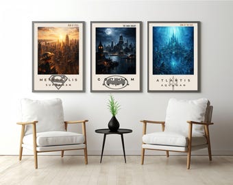 Ensemble d'affiches trio DC Cities | Art mural Gotham, Metropolis, Atlantis | Téléchargement numérique