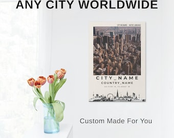 Art mural imprimable sur mesure sur les toits de la ville, affiche personnalisée de paysage urbain moderne, téléchargement numérique