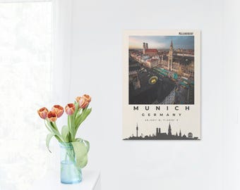Art mural imprimable sur les toits de Munich, affiche de paysage urbain allemand moderne, téléchargement numérique