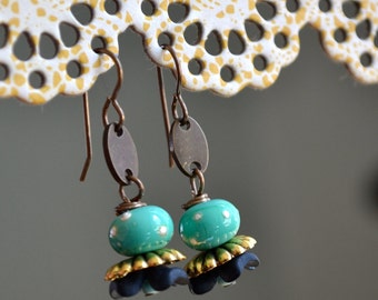 Lamp work and Resin Flower Earrings with Brass Findings