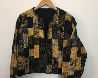 Vintage 80s/90s Handmade Cropped Quilted Cotton Jacket Black and Gold OOAK