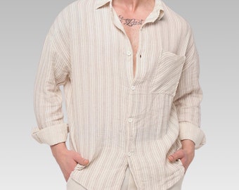 Men’s Striped Linen Shirt | Lightweight Breathable Summer Beach Shirt, Casual Vacation Outfit