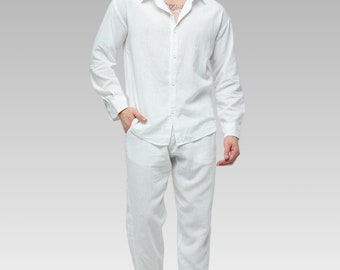 Men&#39;s White Linen Shirt and Pants Set: Summer Clothing
