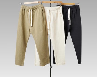 Men&#39;s Linen Pants, Summer Elastic Waist Loose Cotton Linen Pants, Linen Vacation Beach Pants