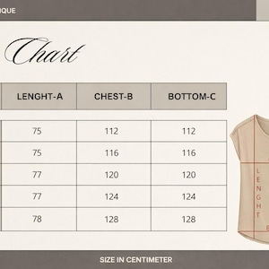 May include: Size chart from Iron Will Boutique. The chart shows measurements in centimeters for a t-shirt. Sizes range from S to XXL, with measurements for length, chest, and bottom. A beige t-shirt graphic illustrates the measurement points.