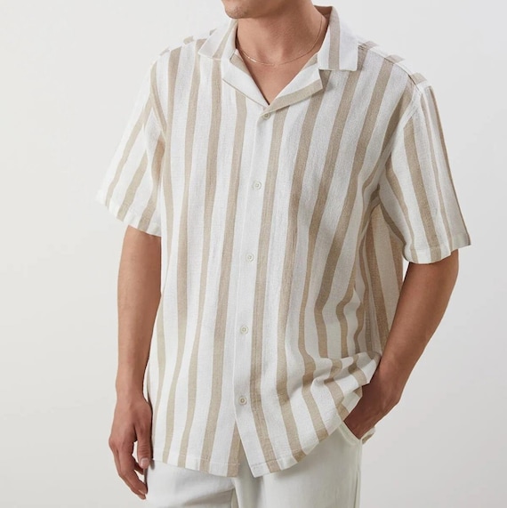 mens short sleeve striped dress shirts Mens Striped Cotton Shirt: Short Sleeve Summer Beach Shirt