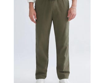 Loose Fit Cotton Linen-Look Pants: Wide Leg Drawstring Trousers
