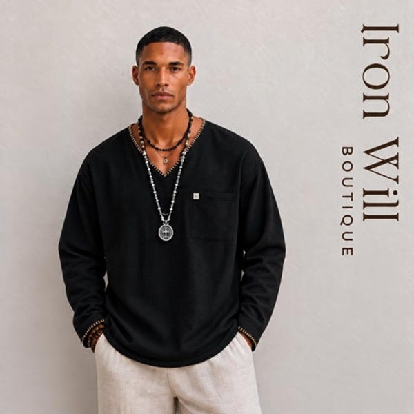 Men’s 4-Layer Cotton Muslin Shirt, Hand-Stitched Long Sleeve Boho Top