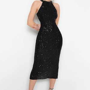 Black Sequin Mini Dress: Halter Neck Bodycon Cocktail Party Dress image 7