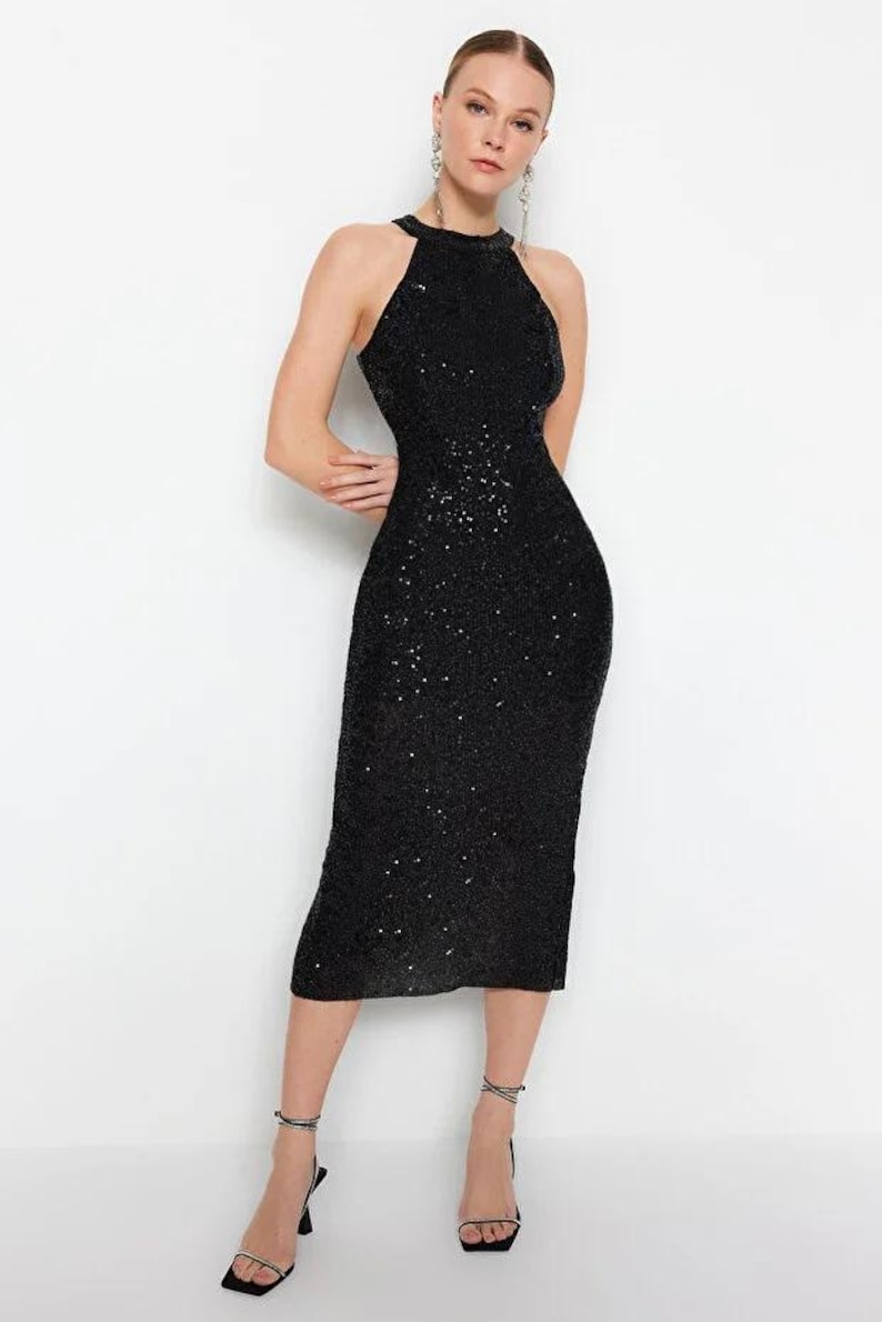 Black Sequin Mini Dress: Halter Neck Bodycon Cocktail Party Dress image 7