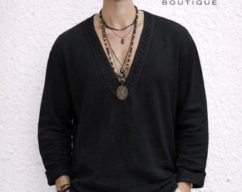 Men's Muslin Shirt – Boho Lace Trim V Neck, Relaxed Fit