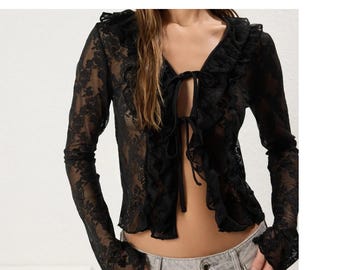 Black Lace Blouse: Ruffle Trim, Long Sleeve Romantic Top
