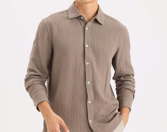 Camicia Uomo In Cotone E Lino Slim Fit - Maniche Lunghe, Tinta Unita, Modello Elegante Casual Per Spiaggia E Lavoro, Colori Classici, Taglie M-XXXL