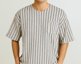 Boho Men's Striped Cotton Linen Shirt: Short Sleeve Crew Neck