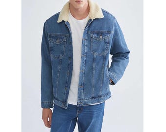 Chaqueta vaquera con forro de sherpa para hombre: abrigo vaquero azul vintage