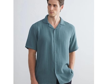 Camisa de muselina de cuello cubano para hombre, corte holgado, algodón, manga corta