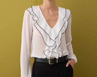 White Chiffon Ruffle Blouse: Elegant V-Neck Long Sleeve Top