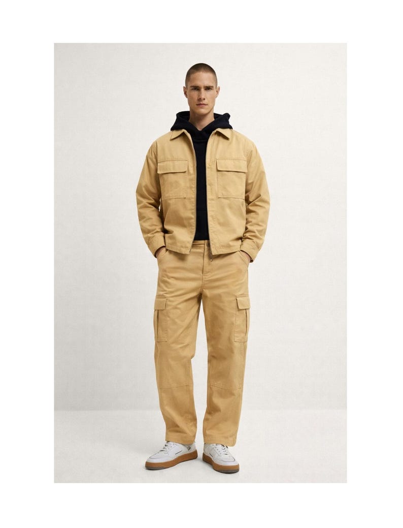 Men's Soft Cotton Cargo Set: Relaxed Fit Utility Jacket & Pants Camel
