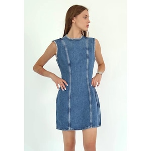Mini Denim Zipper Dress: Fitted Indigo Cotton Streetwear