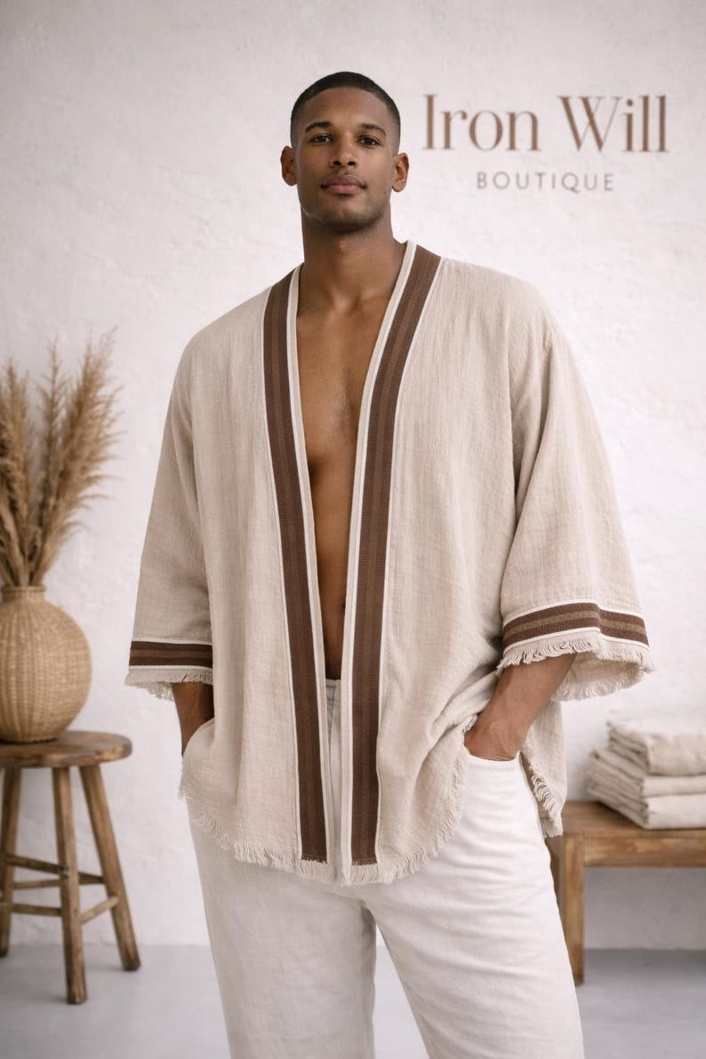 Men's Muslin Robe Men's Organic Cotton 4-layer Muslin Kimono Robe | Boho Beach Cover Up ...