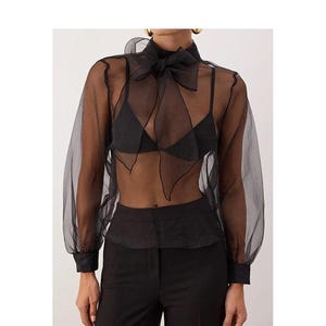 May include: Black sheer blouse with a bow tie collar and long sleeves. The blouse has a fitted waist and is paired with black pants. The sheer fabric reveals a black bra underneath. The blouse is a stylish and elegant top.