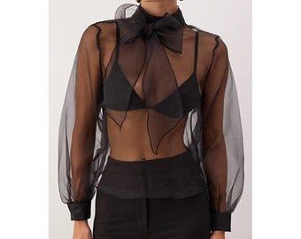 Y2K Sheer Organza Blouse | Black Transparent Bow Top, Streetwear Party Outfit