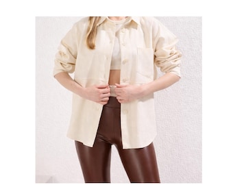 Beige Cotton Shirt Jacket: Women's Oversized Lace Back Coat
